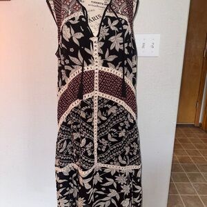 Floreat Anthropologie Grasslands Black Floral Print Midi Women’s Dress Sz 12